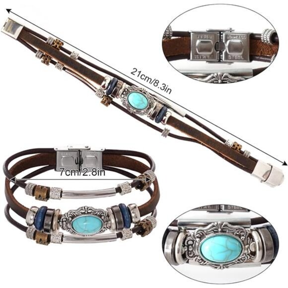 4 PCS Western Turquoise Set Necklace, Dangle Earrings, Stackable Bracelet Boho - Picture 4 of 7